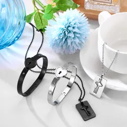 2 Sets Couple Heart Charm Lock Bracelet and Key Necklace Lock Matching Bangle Titanium Steel Couples Jewelry