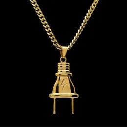 14 Karat vergoldete Herren-Halskette mit Hip-Hop-Beleuchtungsstecker-Anhänger und 70 cm langer kubanischer Gliederkette Jewelry282C