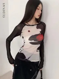 Kvinnor s t shirt yedinas lapptäcke se genom mesh toppar vår sommar t kvinnor långärmad y2k streetwear design tee femme chic 2023 230417