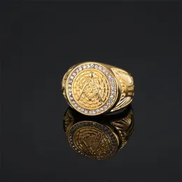 Freemason Masonic AG Ring rostfritt stål guld med kristallmycken broderskap Fraternal Association Square Compass Mason smycken för män