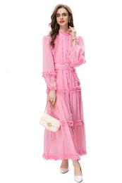 Ld Linda Della Runway Maxi Women's Long Sleeve Lace Patchwork Ruffles Vintage Black Dress Elegant Party 210915