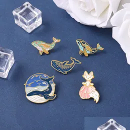 Cartoon Accessories Whale Enamel Pin Dreamy Humpback Brooches Cat Mermaid Aniaml Art Metal Badges Bag Clothes Pins Up Jewelry Gifts Dr Dhknz