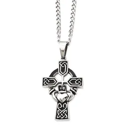 Collana con ciondolo a forma di croce Claddagh vintage in acciaio inossidabile da 20 pollici, collana con ciondolo, gioielli di moda celtica per donne, regali per lei