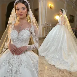 Ballgown 2023 Düğün Muhteşem Elbiseler Gelin Elbise Uzun Kollu Sapalar Aplike Boncuklu Süpürme Tren Çırpma Özel Made Artı Boyut Boyut Vestido De Novia