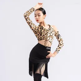 Stage Wear Leopard Latin Dance Tops Dziewczyny Fringe Spódnica Salsa Dancear Costume Long Rleeve Tango strój samba DL8412