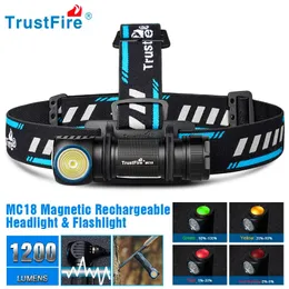 헤드 램프 Trustfire MC18 LED 헤드 램프 XPLHI 18650 자기 2A USB 충전 1200lm 손전등 Taillight 231117