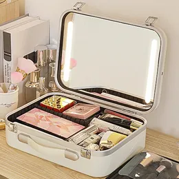 Sacos cosméticos casos senhoras saco de lavagem com espelho led luz mulheres compõem bolsa portátil impermeável grande capacidade caixa de armazenamento de maquiagem para viagens 231118