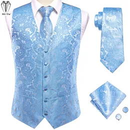 Мужские жилеты шелковые мужские свадебные жилеты, набор галстуки без рукавов за западные жилеты, галстук, газированные запонки Sky Blue Coral Beige Silver Burgundy 230418