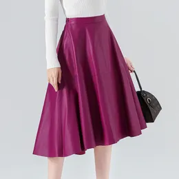 Skirts Women Genuine Leather Over Knee High Waist Purple Skirt Female Fashion Long Pleated Jupe Mujer Irregular Big Hem Flared Saias 230418