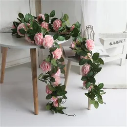 Pink Silk Peony Rose Flower Rattan Artificial Ivy Rattan Wedding Party Wall Hanging Garland Home Garden Decoration Green Plants GC2047