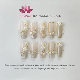 False Nails Presse On Tips Full Cover with Designed Flower Deco Handwork High Quality Wearable Ballerina Artificial Korean Art 230417