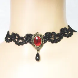 Choker Black Vintage Lace Hollow Crystal Drop Red Pendant Women Necklace Punk Fashion Goth Chocker Torques Party Festival Jewelry Chokers