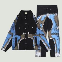Męskie dresy streetwear streetwear malowane malowane jeansowe zestawy dżinsowe męskie hop hop harajuku splatane multi-kockets kurtka lapowe dżinsowe spodnie garnitury unisex 230418
