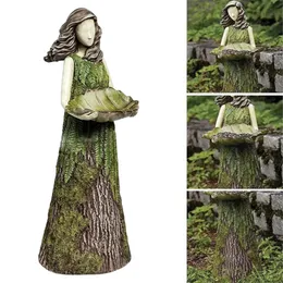 Decorative Objects Figurines Green Fairy Statue Bird Feeder Resin Decoration Garden Forest Girl Sculpture Crafts Outdoor Lawn 230418