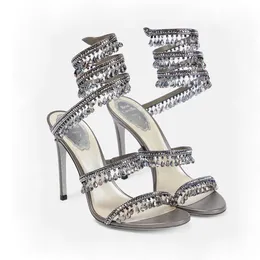 Kristal Lamba Stiletto Topuk Sandalları Kadın Ayakkabı Rhinestone çivili Yılan Ayakkabıları Lüks Tasarımcılar 9.5cm Yüksek Topuklu Sandal 2023