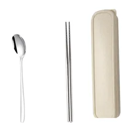 Flatvaruuppsättningar Cutlery Set Travel Portable Box Flatvaror Rostfritt stål Spoons Chopsticks Moderföretag Set Kitchen Table Provle Drop Delive Dhntk