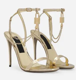 Elegant Brand Calfskin Sandals Shoes Charm-Embellished Chain Gold Black Patent Leather High Heels Party Dress Wedding Gladiator Sandalias