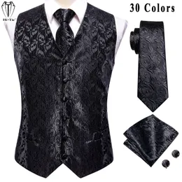 Men's Vests Hi-Tie Designer Jacquard Silk Mens Vest Sleeveless Waist Jacket Pure Black Floral Waistcoat Neck Tie Hanky Cufflinks Set for Men 230418