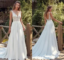 Sexy decote em v sem costas vestidos de casamento moderno branco cetim renda sem mangas boho jardim vestidos de noiva botões tribunal trem plus size noiva simples robes de mariee cl2945