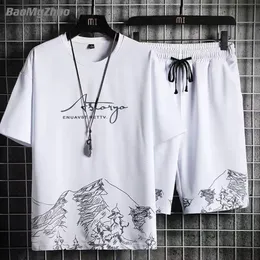 Mens Tracksuits Summer Tracksuit 2 Piece Set Fashion Casual Solid ShortSleeved TShirt and Shorts Sport Suit Breathable Man Clothing 230418