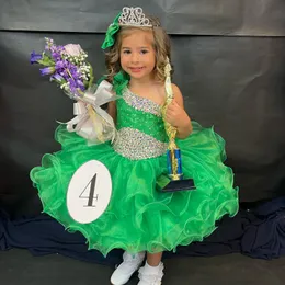 Green Little Girl Cupcake Pageant Dress 2024 One-Shoulder AB Stone Ruffles Glitz Baby Kid Fun Fashion Runway Drama Birthday Formal Cocktail Party Gown Toddler Infant