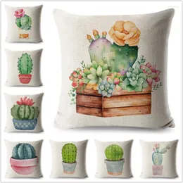 Cuscino Federa in stile nordico Decorazione acquerello Pianta di cactus Fiori Copertina stampata per divano Casa Federa in poliestere 45x45 cm