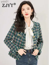 여자 양모 블렌드 ZJYT 가을 겨울 빈티지 트위드 모직 재킷 여성 Ropa de Jer 2023 Long Sle Plaid Coat Short auterwear veste femmel231118