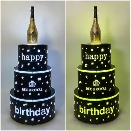 VIP Happy Birthday LED Cake Bottle Service Presenter Club Compleanno Supporto per torta a 3 strati Nightclub Party Wedding Alimentazione a batteria personalizzata