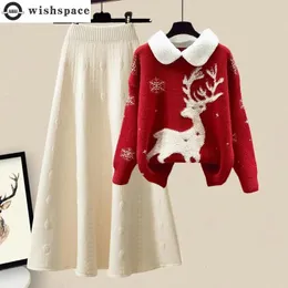 Two Piece Dress Winter Year Elk Snowflake Knitted Sweater Pull Flower Half Skirt Elegant Womens Set 231118