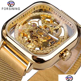 Orologi da polso Forsining Uomo Orologi meccanici Matic Carica automatica Orologio da polso in acciaio con maglia dorata trasparente moda Scheletro Uomo Dhgarden Othst