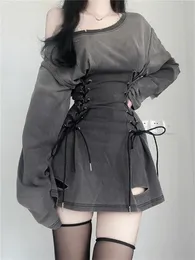 Grundläggande avslappnade klänningar Fairycore Grunge Goth Corset Dress Women Eesthetic Harajuku Streetwear Bandage Slim Bodycon Dress Y2K 90s Indie kläder 231117