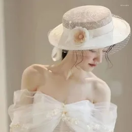 Headpieces Ivory Lace Wedding Hats For Women Elegant Chiffon Flowers Beads Bridal Headdress Mariage Boheme Chic Accessoire Cheveux