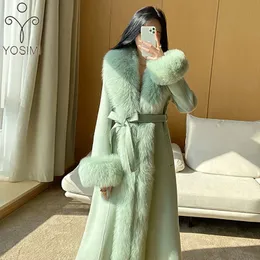 Women's Wool Blends YOSIMI 2023 Winter Elegant Long Women Coat with Fur Collar Cuff Light Green Outwear Clothing Widewaisted Woolen Coats 231118