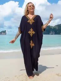 Women's Swimwear Elegant Gold Embroidered Long Kaftan Retro V-neck Black Maxi Dress Women Summer Clothes Beach Wear Swim Suit Cover Up Q1373 230417