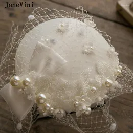 Headpieces JaneVini Ivory Pearls Bridal Wedding Hats Beaded Flowers Bow Hairpiece Net Face Veil Elegant Cocktail Party Bride Women