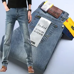 Herr jeans tunna sulee märke smal fit vår sommaren mäns jeans casual elastic denim byxor manliga byxor färger lyxkläder 230418