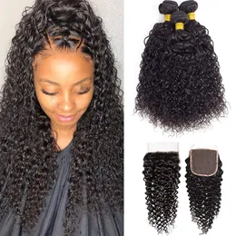 Brazylijskie Remy Virgin Curly Hair 3 Wintegle z koronkowym 4x4 Zamknięcie bezpłatne 100% nieprzetworzone Virgin Remy Włosy Bremiple Curly Human Hair Weave Bundle z zamknięciem 9a