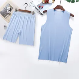 Mäns Sleepwear Summer Men Ice Silk Tank Tops Boxer Kort Sleepwear Set Man Sleeveless Vest V-ringning T-shirts Soft Smooth Pyjamas Silkeslen underkläder 230418