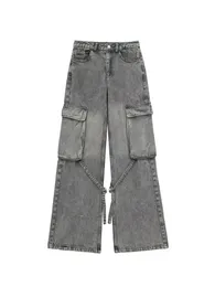 Jeans femininos willshela mulheres moda com bolsos denim cinza frontal zíper wid perna calças vintage cintura alta feminina chique senhora calças 231117