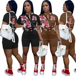 Womens Baseball Tracksuits Plus Size 3xl Fashion Printed Two Piece Suit Button Bomber Short Sleeve Jacket And Shorts 2 Piece Outfits