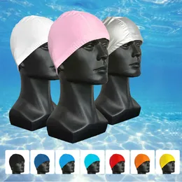 Simning Caps Summer Polyester Fabric Elastic Protect Ears Long Hair Sports Bathing Swim Pool Spa Swimming Cap för män Kvinnor Vuxna Surf Hat P230418