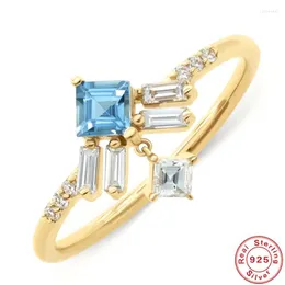 Klusterringar anillo plata 925 mode oregelbundet fyrkantig rektangulär blå klar zirkon sterling silver förlovningsring smycken