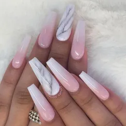 False Nails 24Pcs Marble Gradient Long Coffin Full Cover Nail Tips Press Glue Detachable Wearable Gold Foil Ballerina Fake 230418