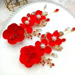 Red Flower Hair Clips Simple Pearl Crystal Hairpins Women Barrette Wedding Marriage Bride Headwear Fashion Hair Accessories