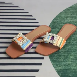 Slippers Leisure Women's Slide Fashion Flat Pearl Women's Flip Travel Beach Slide with Square Buckle Design Summer Women’s Shoes 231118