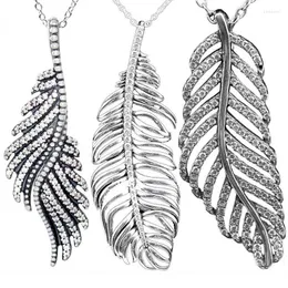 Chains Original Shimmering Feathers Pine Needle Leave With Crystal 925 Sterling Silver Necklace For Fashion Bead Charm DIY Jewelry