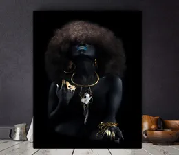 Flauschiges Haar afrikanische schwarze Frauen Goldener Finger Ölgemälde auf Leinwand Cuadros Poster und Drucke Wandbild für Wohnzimmer5277404