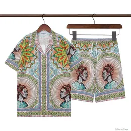 디자이너 남자 캐주얼 셔츠 고급 비치 셔츠 카사 블랑카 종교 격자 무늬 디지털 프린트 느슨한 캐주얼 짧은 슬리브 셔츠 세트