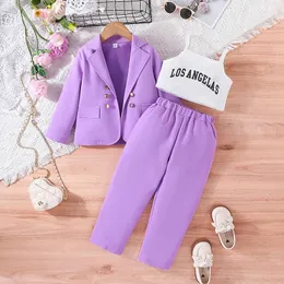 Conjuntos de roupas Listenwind 3 7Y Crianças Meninas Fall Outfit Manga Longa Blazer Jaqueta com Letras Imprimir Camisole e Calças Set 231117