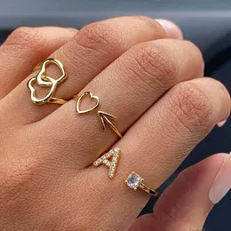 Band Rings Initial Rings For Women AZ Letter Zircon Adjustable Ring Vintage Gold Color Ring 2022 Trendy Wedding Jewelry Gift Anillos Mujer AA230417